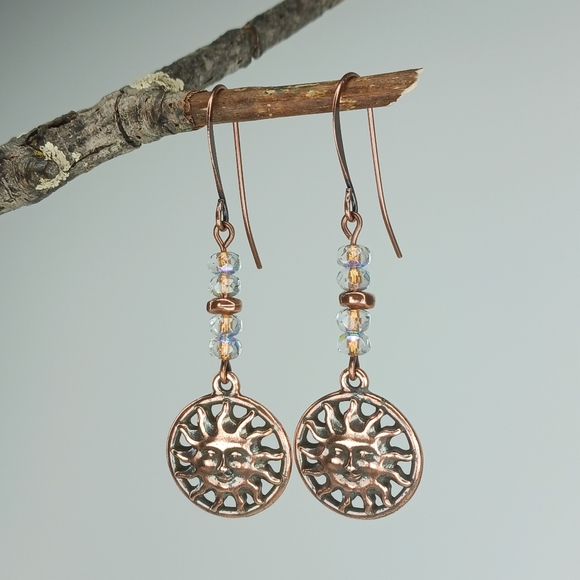 Hand Crafted Jewelry - HAND CRAFTED Copper Sun Face Dangle Earrings Artisan Glass Celestial